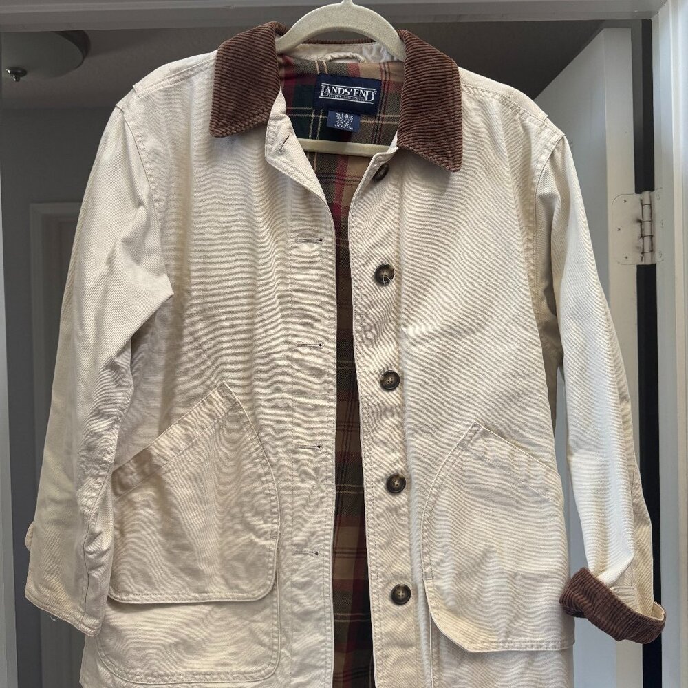 Lands' End Cream Utility Jacket with Brown Corduroy Collar